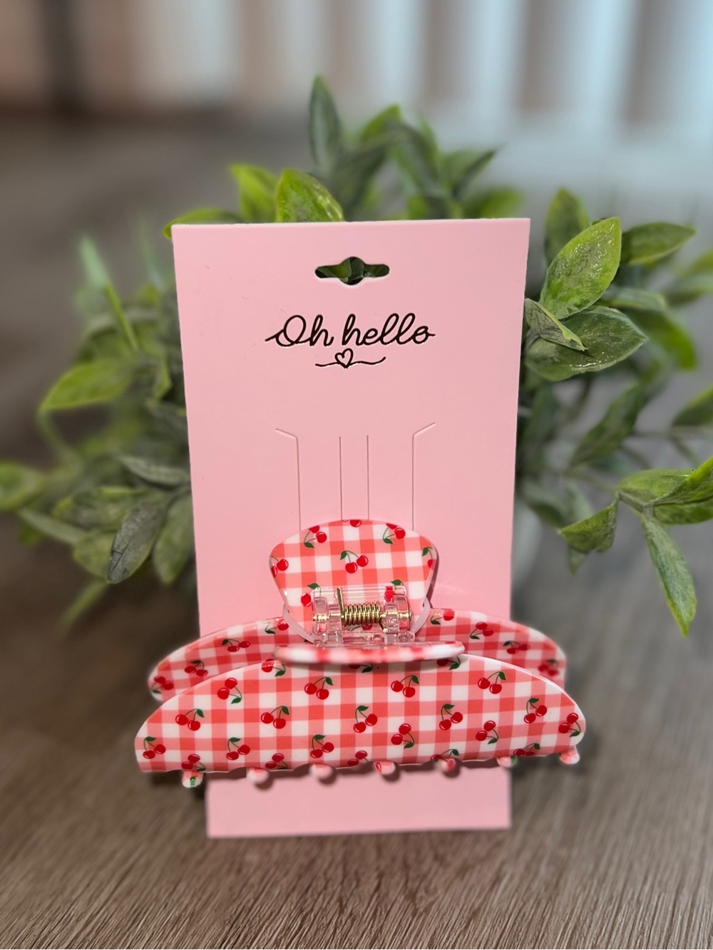 Oh Hello Gingham & Cherry Glossy Claw Hair Clip Hair Accessory New 4”